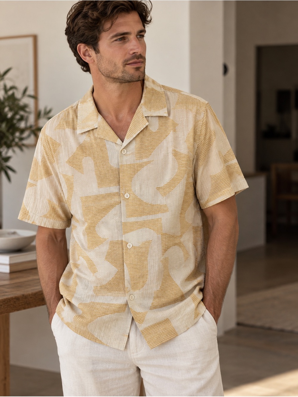Folk Men's Short-Sleeve Abstract Print Shirt - Beige & Cream